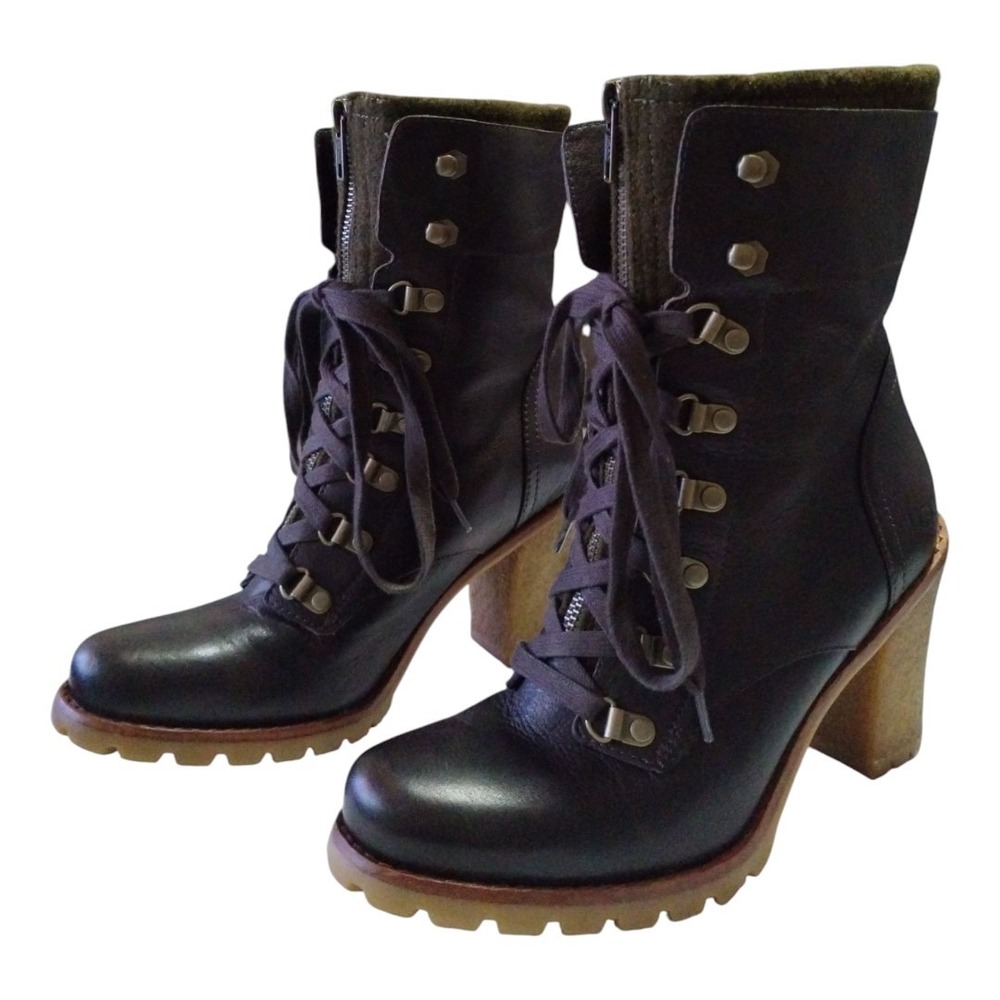 Ugg Fabrice Leather Zipper/Lace Double Layer Block Heel Combat Lug Boots Wool 7